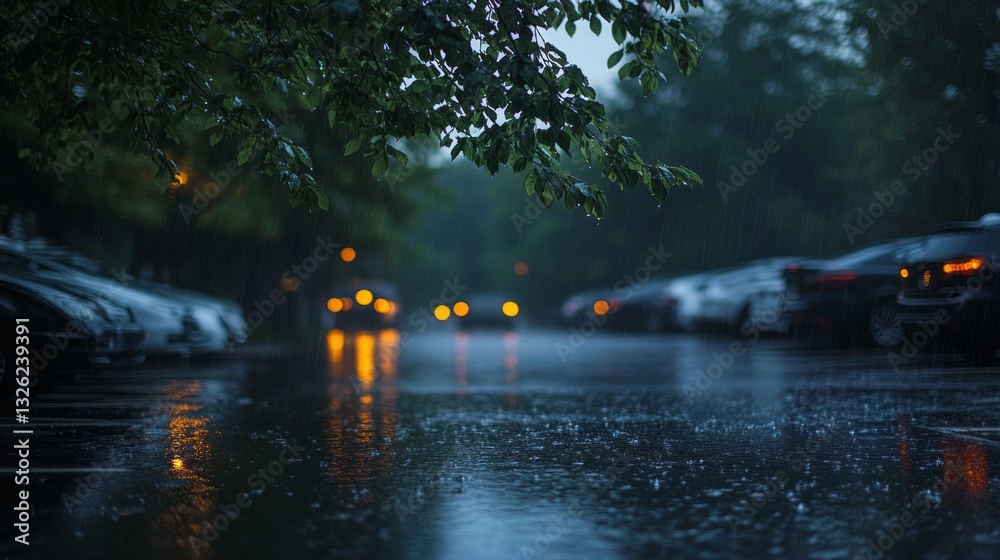 Poster rain pours steadily in a quiet parking lot, creating ripples in puddles while streetlights cast a wa