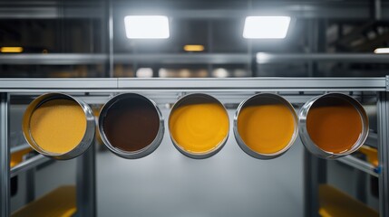 Industrial Scale Mixing Setup Featuring Various Containers of Paint or Coating Materials