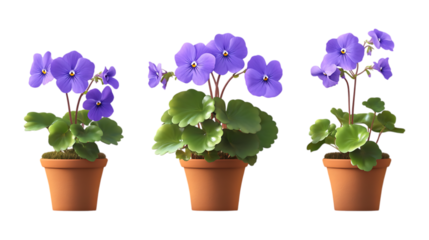 Pack African Violet Set in Different Poses Against Transparent Background for Floral Arrangements, Botanical Illustration, or Garden Design
