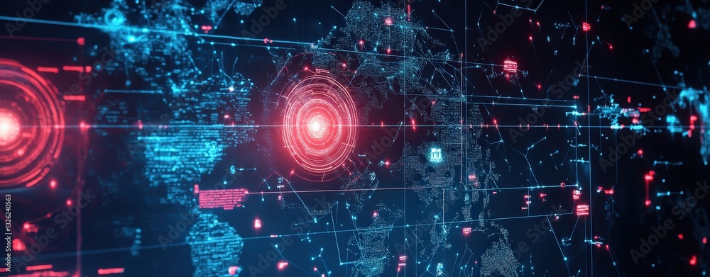Poster computer screen illuminated with red light creating a dramatic and technological visual experience