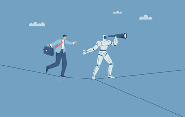Risk management challenge, Using AI to manage business risks, The robot leads to help the businessman wearing suit walking on the rope and has a separate line. Human cooperation with robotics.