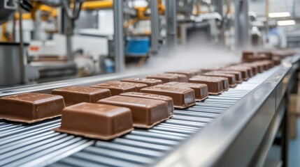 Freshly Molded Chocolate Bars on Production Line in Modern Factory Setting