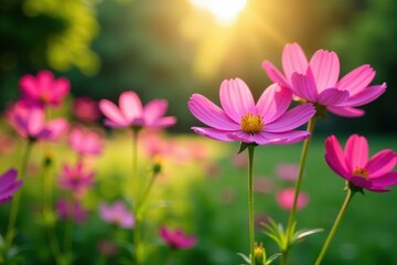 Pink cosmos blossoms in vibrant garden, sunlight dappled leaves , flowers, petals