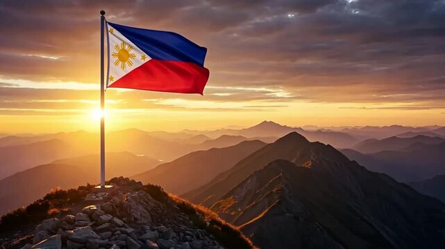 Waving Philippines Flag on Mountain Peak at Sunrise. suitable for animation video flag independen day of philipines