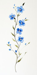 Elegant Watercolor Illustration of Blue Flowers with Delicate Green Leaves

