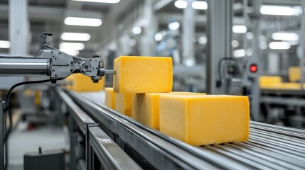 Fototapeta premium Automated Cheese Block Alignment System on Conveyor Belt in Food Processing Facility