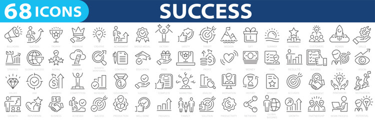 Success 68 icon set. Successful business development, plan and process symbol. Award, victory, premium, prize, medal, gift, trophy, badge, points, achievement, certificate. Goals and Target Related.