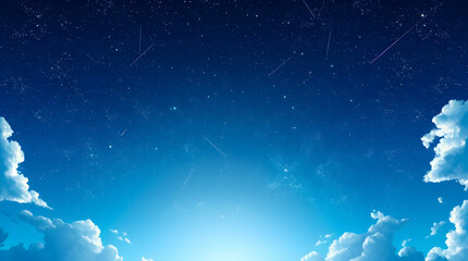 Blue sky with white clouds, fading into a darker starry top, creating a serene and dreamy atmosphere.