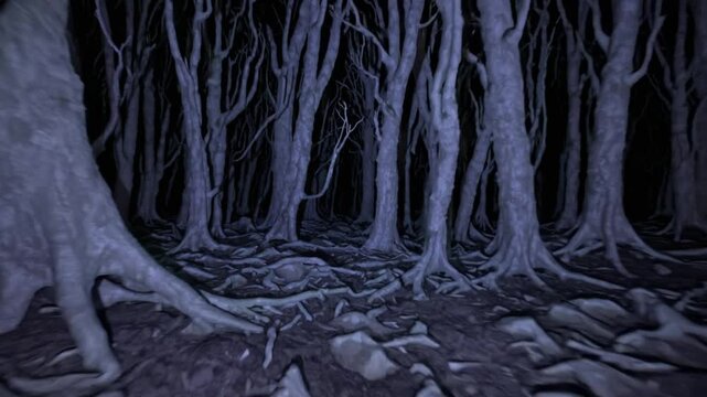 Point-of-view (POV) shot from night vision goggles, showing a military or special ops soldier moving stealthily through a dark forest.