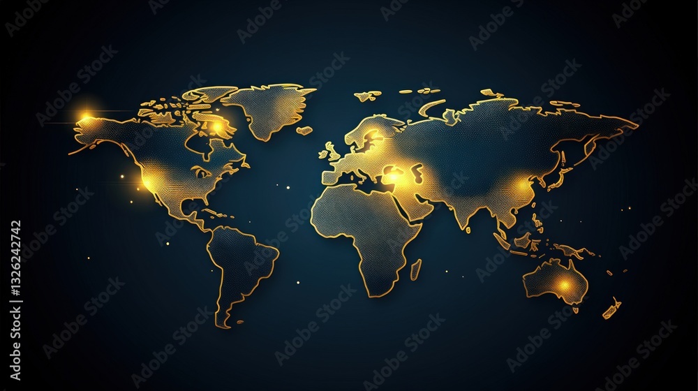 Poster glowing world map composed of luminous particles against a dark background depicting global connecti