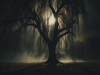 Willow tree shedding tears in the moonlight with soft branches reflecting a sense of sadness
