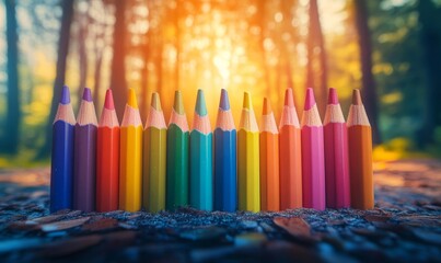 a set of colorful pencils in a row with blurred background