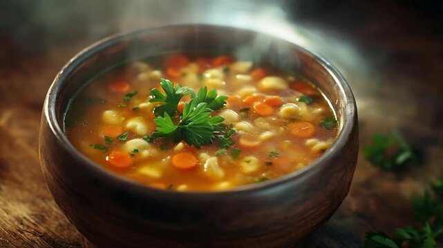 Hot soup in a rustic bowl garnished with fresh herbs