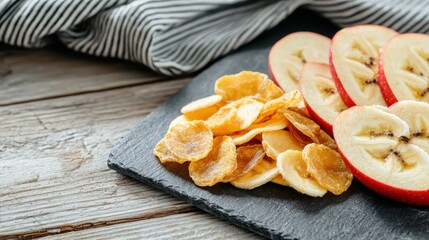 Close Up of Crunchy Dried Banana Chips and Fresh Sliced Apples on Rustic Wooden Surface