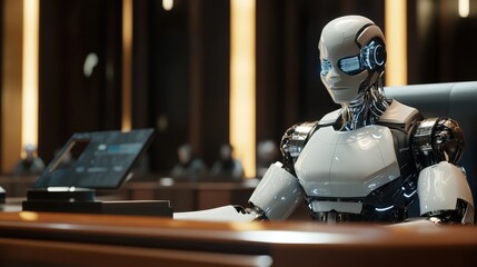 Advanced robot sitting at a desk surrounded by high-tech gadgets in a sleek modern office