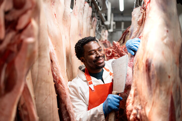 Experienced butcher with sharp knife working in slaughterhouse meat food factory.