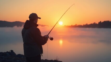 fisherman with a fishing rod near the lake catching fish at dawn