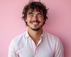Fototapeta premium Happy Man Smiling Pink Background.