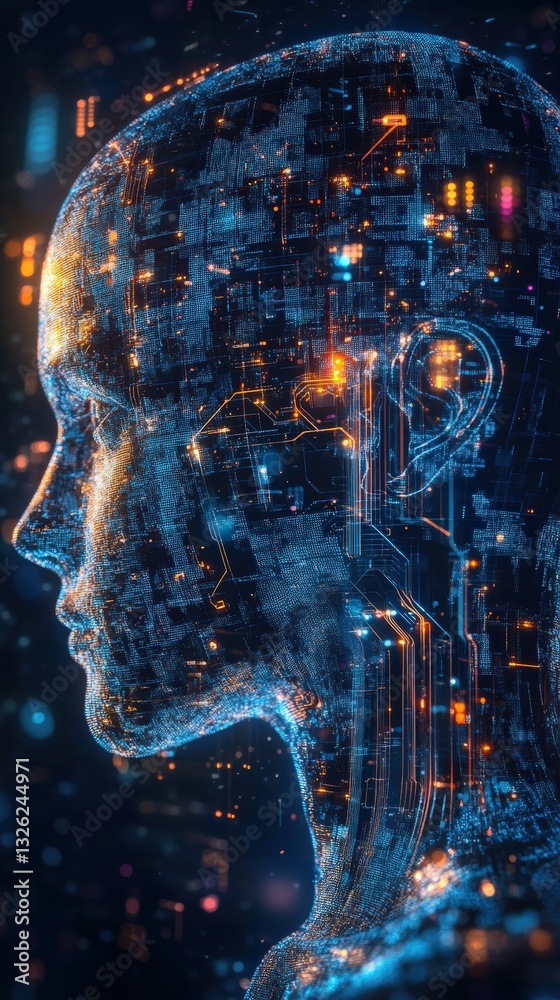 Poster conceptual image of a human head with circuit patterns in the background representing technology