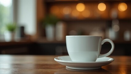 Obraz premium white coffee mug with saucer on table in coffee shop