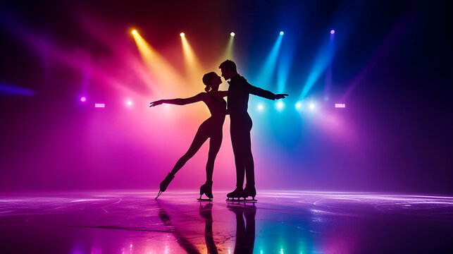 Silhouetted ice skating duo performing under colorful stage lights