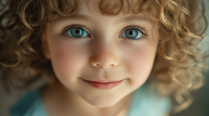 Fototapeta premium Young girl with curly hair, big expressive eyes, innocent joy on her face, high-resolution details, soft natural lighting 