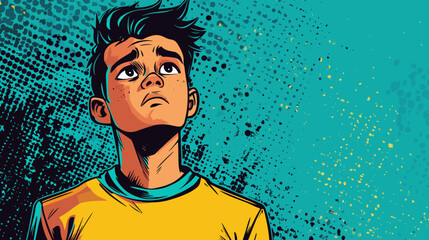 Thoughtful young boy gazing upward against bright turquoise background