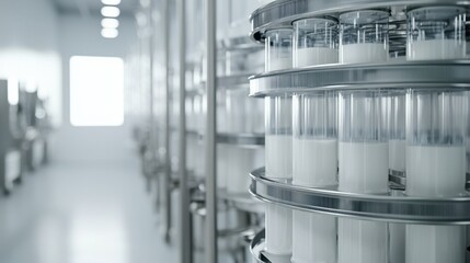 Multi-Layered Filtration System in Dairy Factory with Vials of Milk Processing