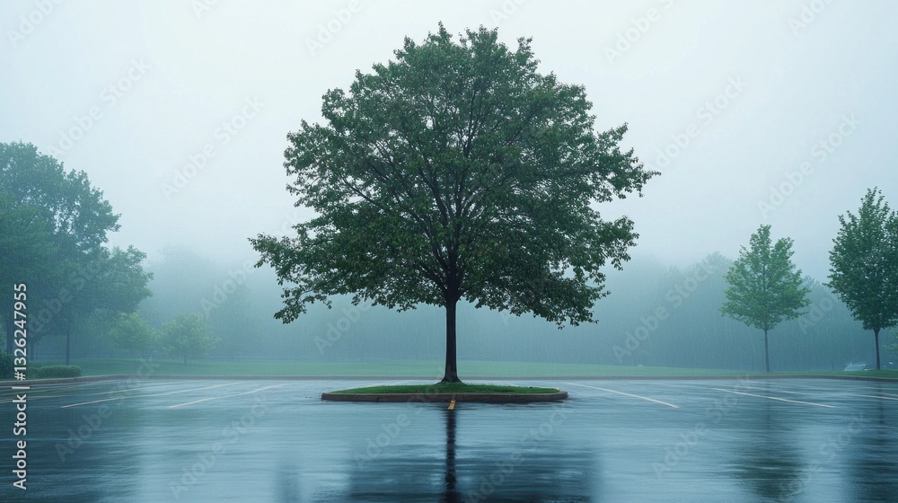 Poster raindrops create ripples across the empty parking lot, reflecting the somber sky. a lone tree stands