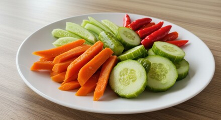 Vibrant Vegetable Platter: Fresh Carrots, Cucumbers, and Chili Peppers on a White Plate