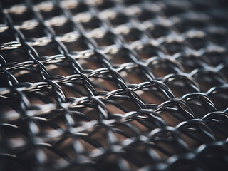 Obraz premium Woven metal wire grid forming an industrial screen with light filtering systematically through