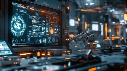 Fototapeta premium futuristic factory floor with holograms and quantum computers screens