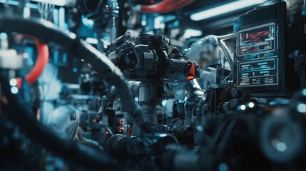 Fototapeta premium futuristic factory floor with holograms and quantum computers screens