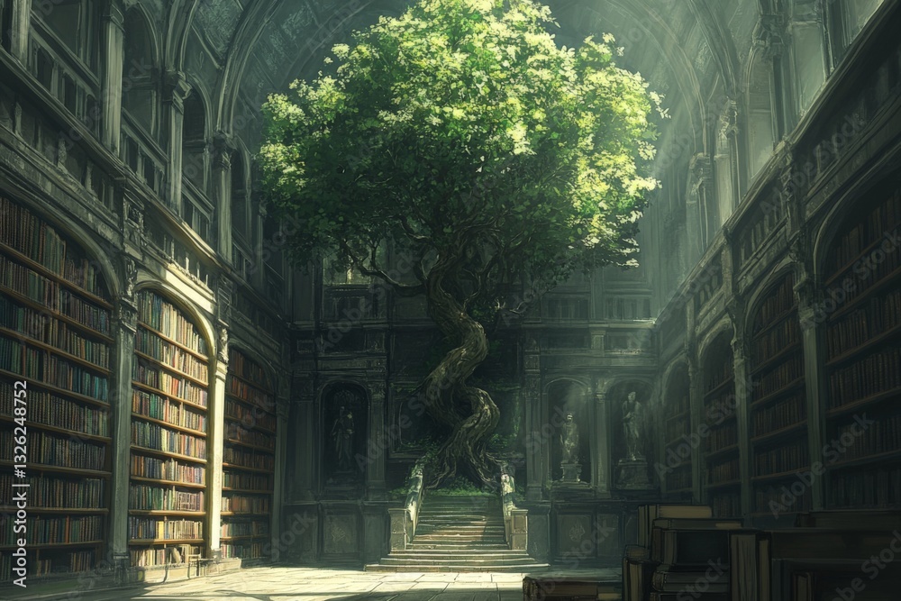 Poster majestic tree rises from the center of a grand library filled with ancient books and soft sunlight i