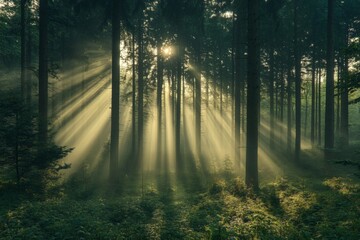Obraz premium Sunlight filters through tall trees in a serene forest during early morning hours