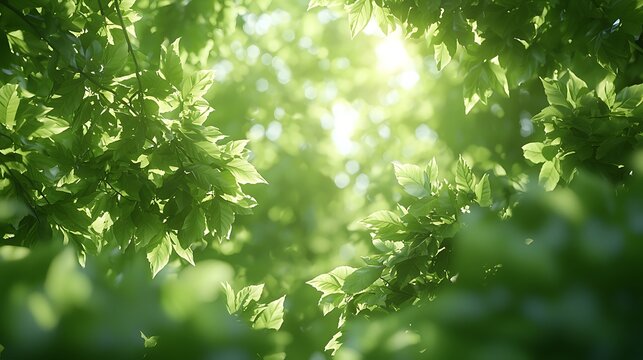 Green leaves and bright sun shining through the foliage above