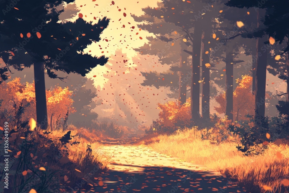 Poster autumn path through a serene forest with colorful leaves gently falling during sunset