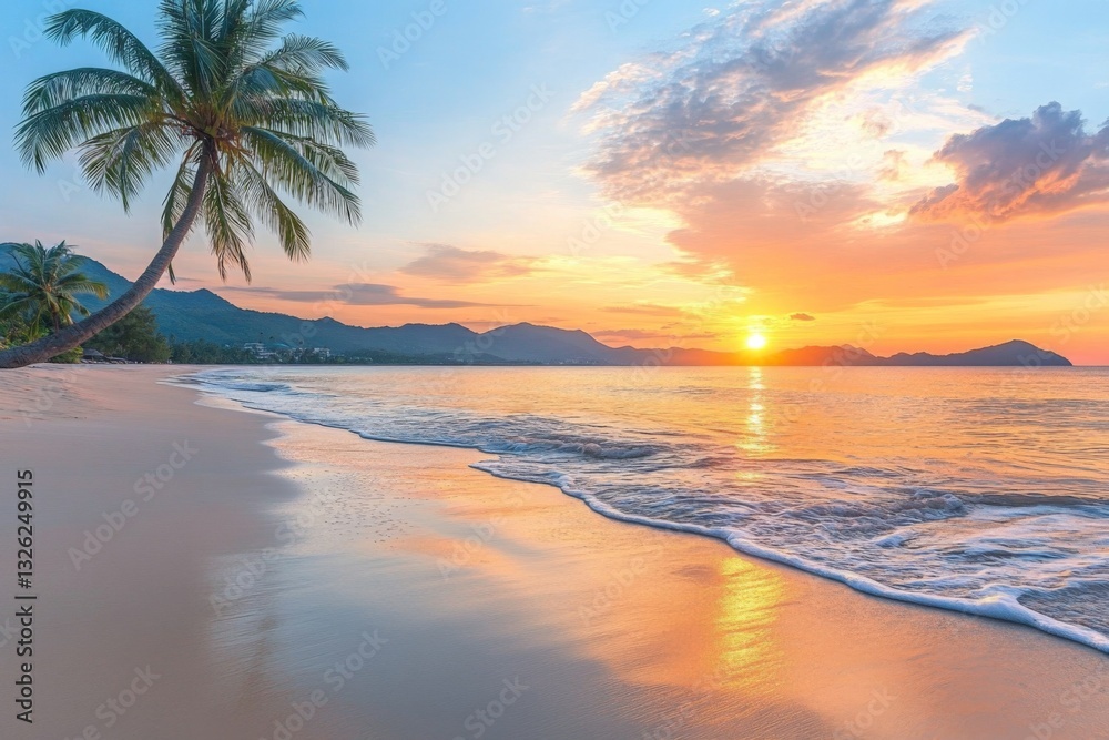 Aufkleber sunset over a tranquil beach with palm trees and gentle waves along the shore