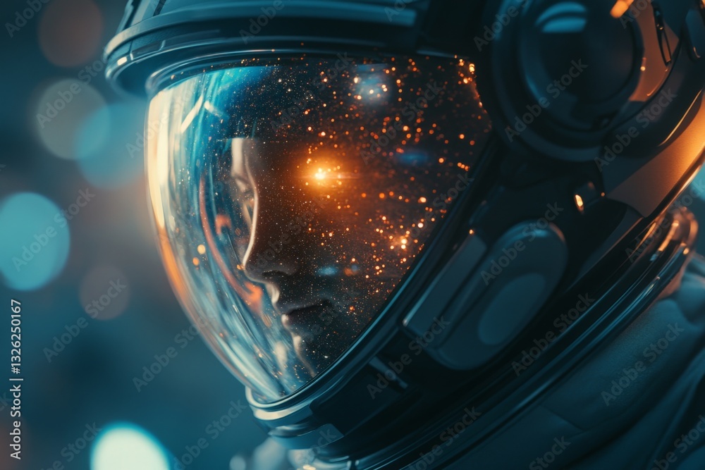 Poster astronaut gazing into the cosmos with vibrant starry reflections in helmet during deep space explora
