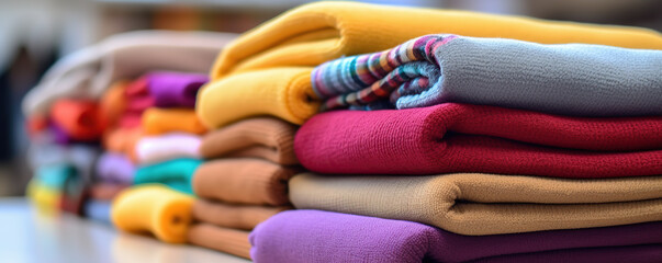 Colorful stacks of neatly folded sweaters displayed in a retail store during daytime