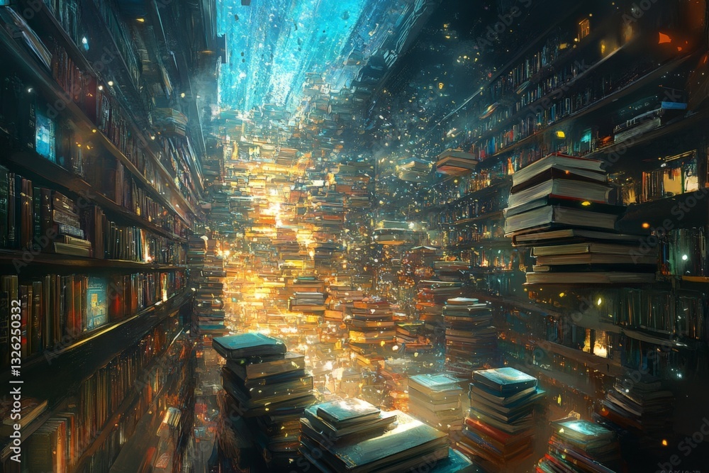 Poster stunning surreal library filled with glowing books and a radiant light source illuminating the space