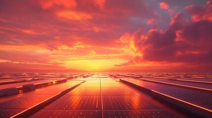 Vast solar farm during dramatic sunset clouds and light