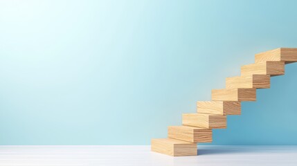 Growth Concept with Wooden Blocks Creating a Staircase Against a Blue Background