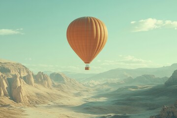 Fototapeta premium Colorful hot air balloon floats over natural landscape in a tranquil desert setting at sunrise