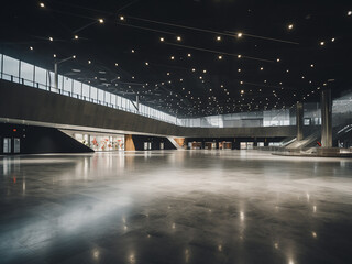 Arena concourse with concrete floors stretching as vendor stands arrange and lights guide the way