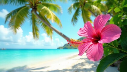 Pink hibiscus blooms adorn lush palm trees on a pristine beach , shore, beach scene