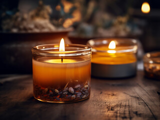 Aromatherapy candles glowing warmth radiating essence drifting calming atmosphere forming softly!