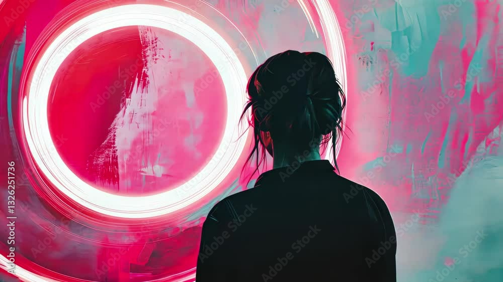 Poster Neon circle illuminates dynamic white shapes in an artistic display at night, neon circle over white shapes moving