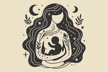 Minimalistic hand-drawn mother and baby with floral cosmic symbols