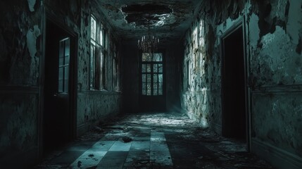Fototapeta premium Eerie Abandoned Corridor with Peeling Walls and Broken Ceiling Haunting Atmosphere for Horror